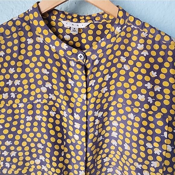 CAbi Silk Casual Button Down Shirt in Grey and Yellow - Picture 4 of 7
